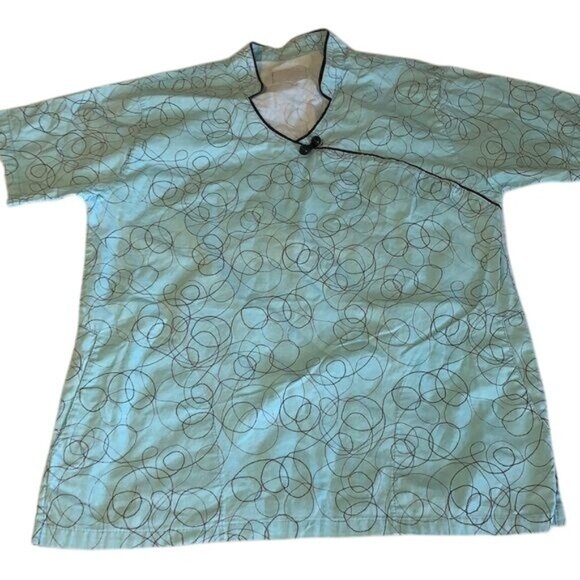 Light Blue Iskrabs Womens Scrub Top With Black Circular Pattern & Button Detail - Picture 1 of 7